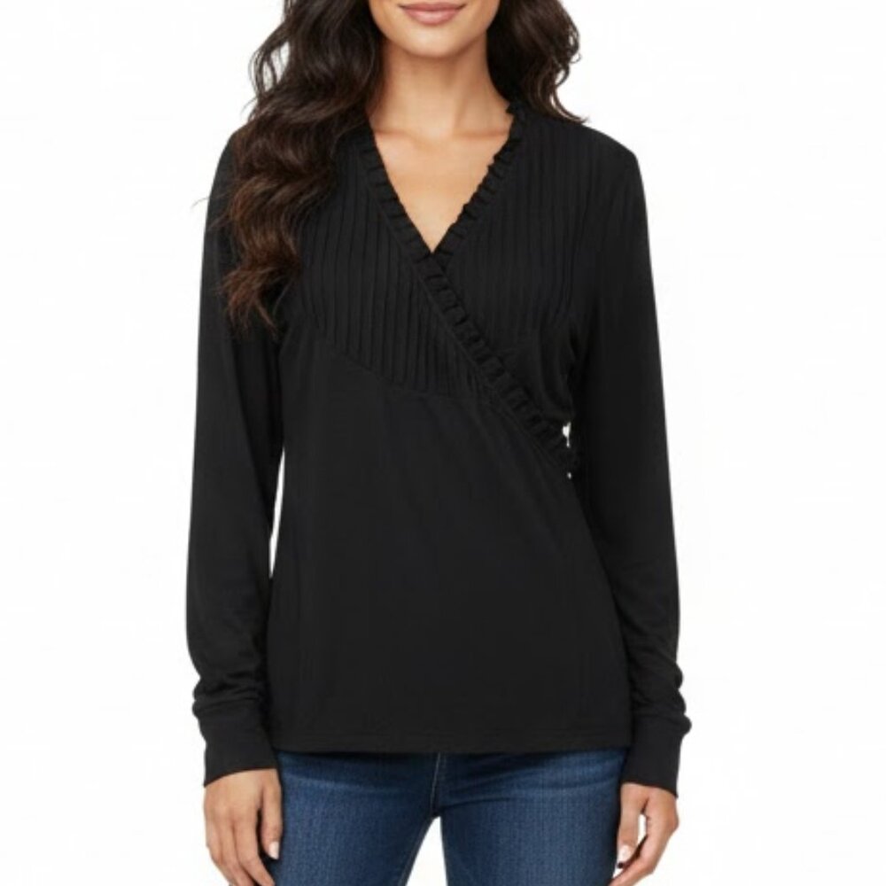 Chaus Black Pleated V-Neck Long Sleeve Blouse Large